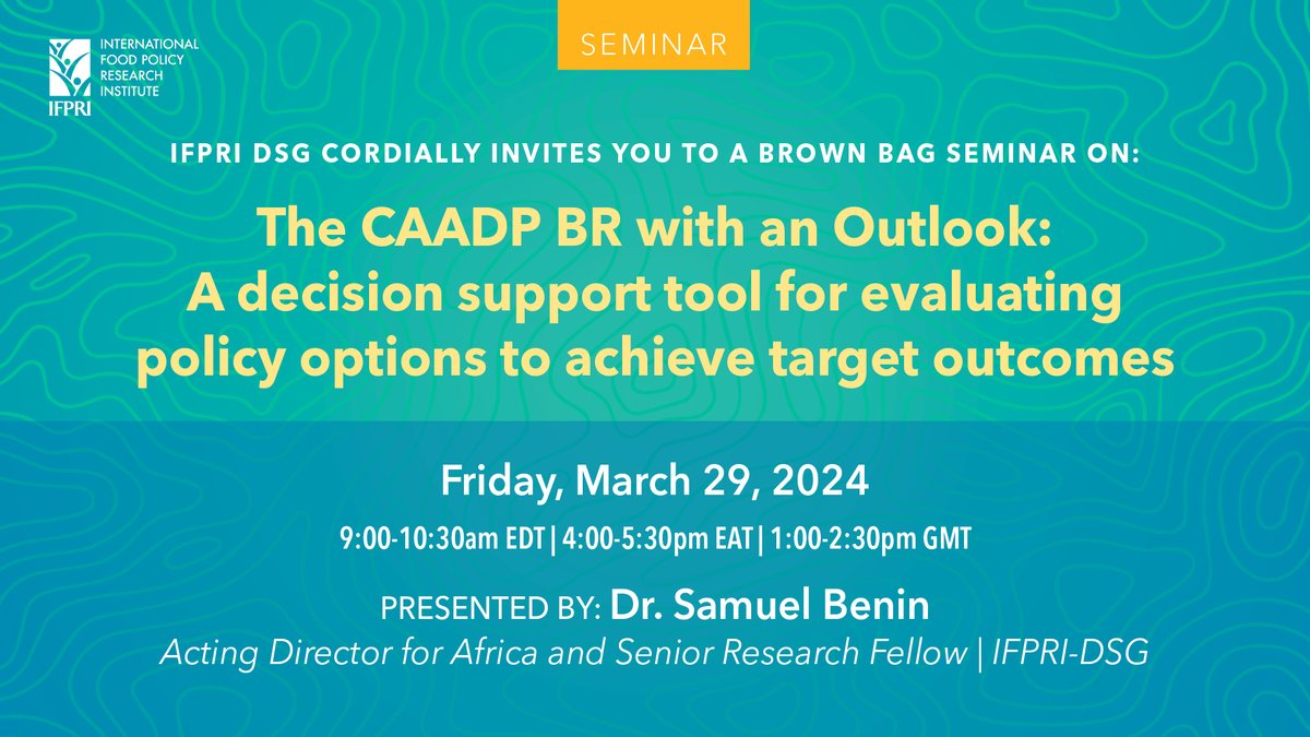 📅 #SaveTheDate: March 29, 2024, @9:00-10:30am EDT | @4:00-5:30pm EAT | @1:00-2:30pm GMT 💡 Join us for an insightful seminar discussion on using the CAADP BR tool for evidence-based agriculture policy decisions. 🎫REGISTER 👉bit.ly/4asIiNr