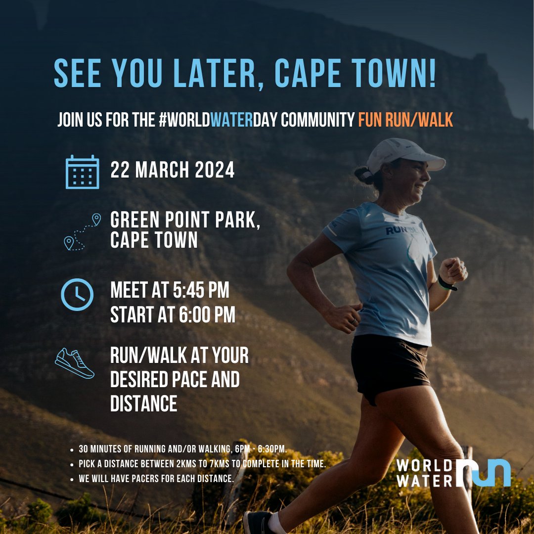 My South African friends, do I say see you now, or see you 'now-now'? Excited to see my Cape Town family later. 💧 We’re meeting at 17:45, at the amphitheatre at Greenpoint Park the ampitheatre is by the kids play parks, where all the jungle gyms are. 💧We run/walk from 18:00…