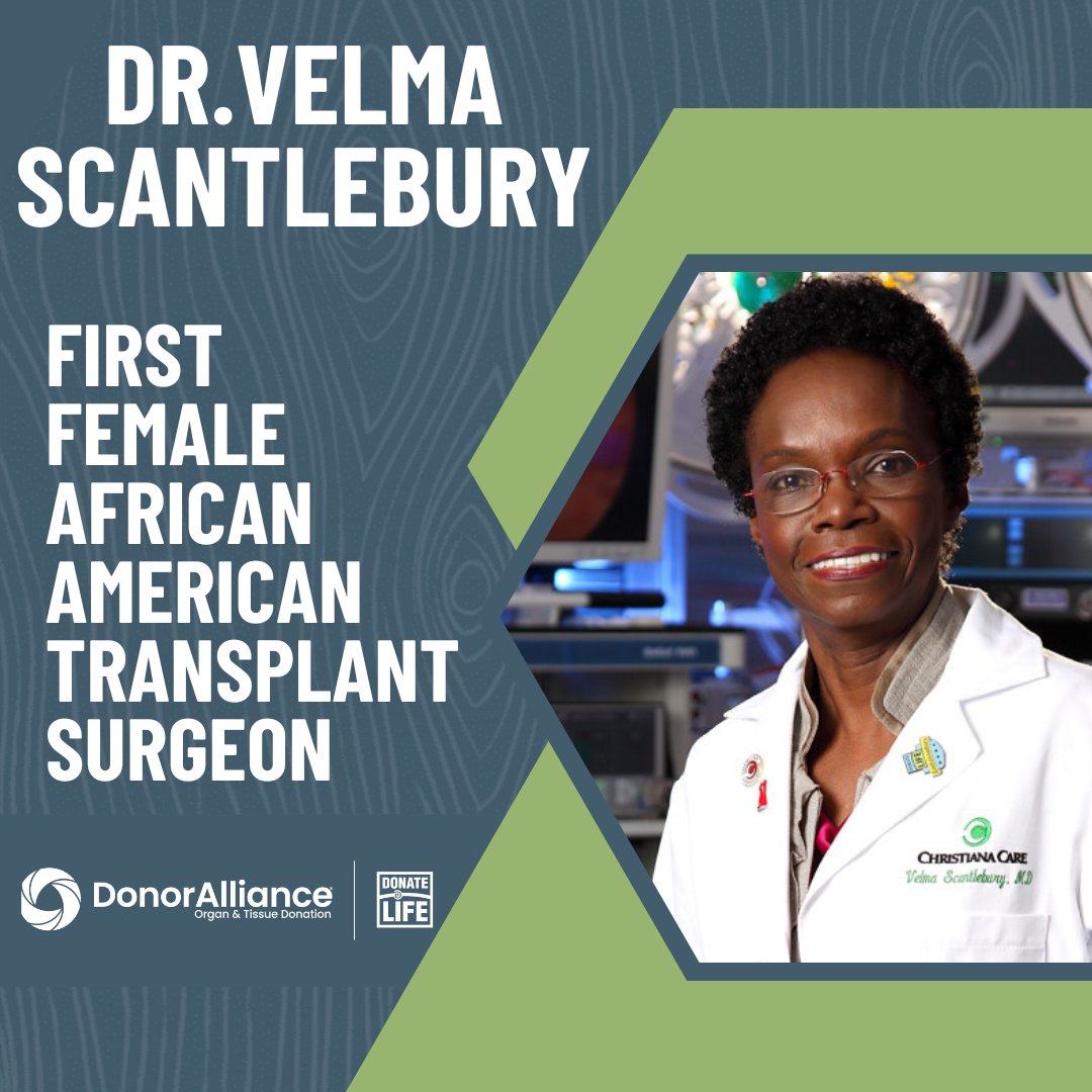 1989 Dr. Velma Scantlebury became the first female African American transplant surgeon. Dr. Scantlebury took a special interest in increasing organ donation in the African American community through education and awareness! 💙💚#WomensHistory #DonateLife
