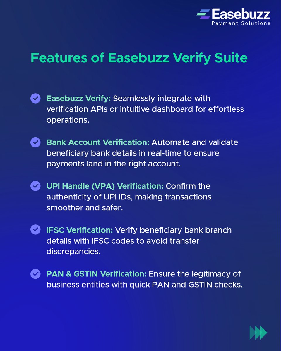 Introducing 𝐄𝐚𝐬𝐞𝐛𝐮𝐳𝐳 𝐕𝐞𝐫𝐢𝐟𝐲 ✔️ Ensure your payments always reach the right beneficiary with zero stress. ✅ Seamless API integration & intuitive Dashboard ✅ Real-Time Bank Account Verification ✅ UPI ID, IFSC, PAN, & GSTIN Checks #EasebuzzVerify