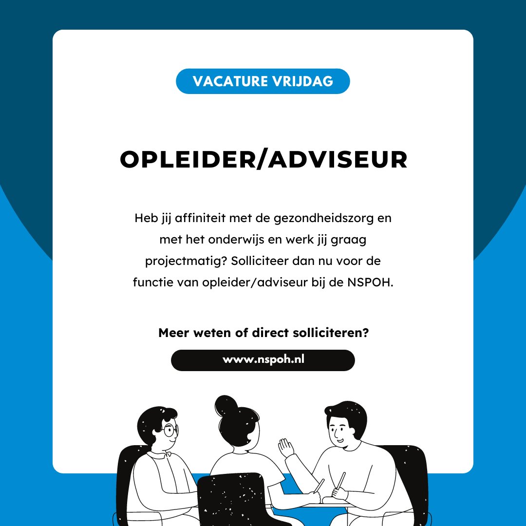 Opleider / adviseur (24 – 36 uur / 0,67 – 1 FTE per week)
Heb jij affiniteit met de gezondheidszorg en met het onderwijs en werk jij graag projectmatig? 
nspoh.nl/vacatures/ople…

#vacature #opleider #gezondheidszorg #opleiding #module #baan #vacaturevrijdag #adviseur