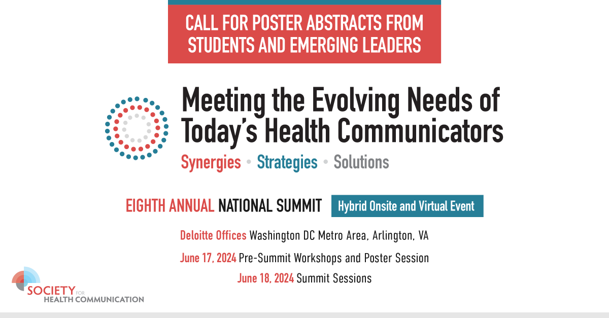 healthcommsoc's tweet photo. The Society for Health Communication invites students and emerging leaders to submit their work to be considered for the 8th Annual National Summit on #HealthCommunication inaugural poster session.
Submission form due by April 15, 2024. https://t.co/4vG2wStSNA #SHCSummit24 https://t.co/ADCy76Kj12