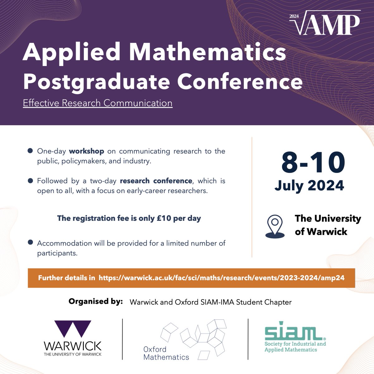 Hello everyone! We are thrilled to announce a big event we are hosting this year at the University of Warwick.
Applied Mathematics Postgraduate (AMP) Conference 2024

Organised by <a href="/SiamWarwick/">Warwick SIAM-IMA Student Chapter</a> and <a href="/OxfordSIAMSC/">Oxford SIAM Chapter</a>
Date: 8 - 10 July 2024

Our website: warwick.ac.uk/fac/sci/maths/…