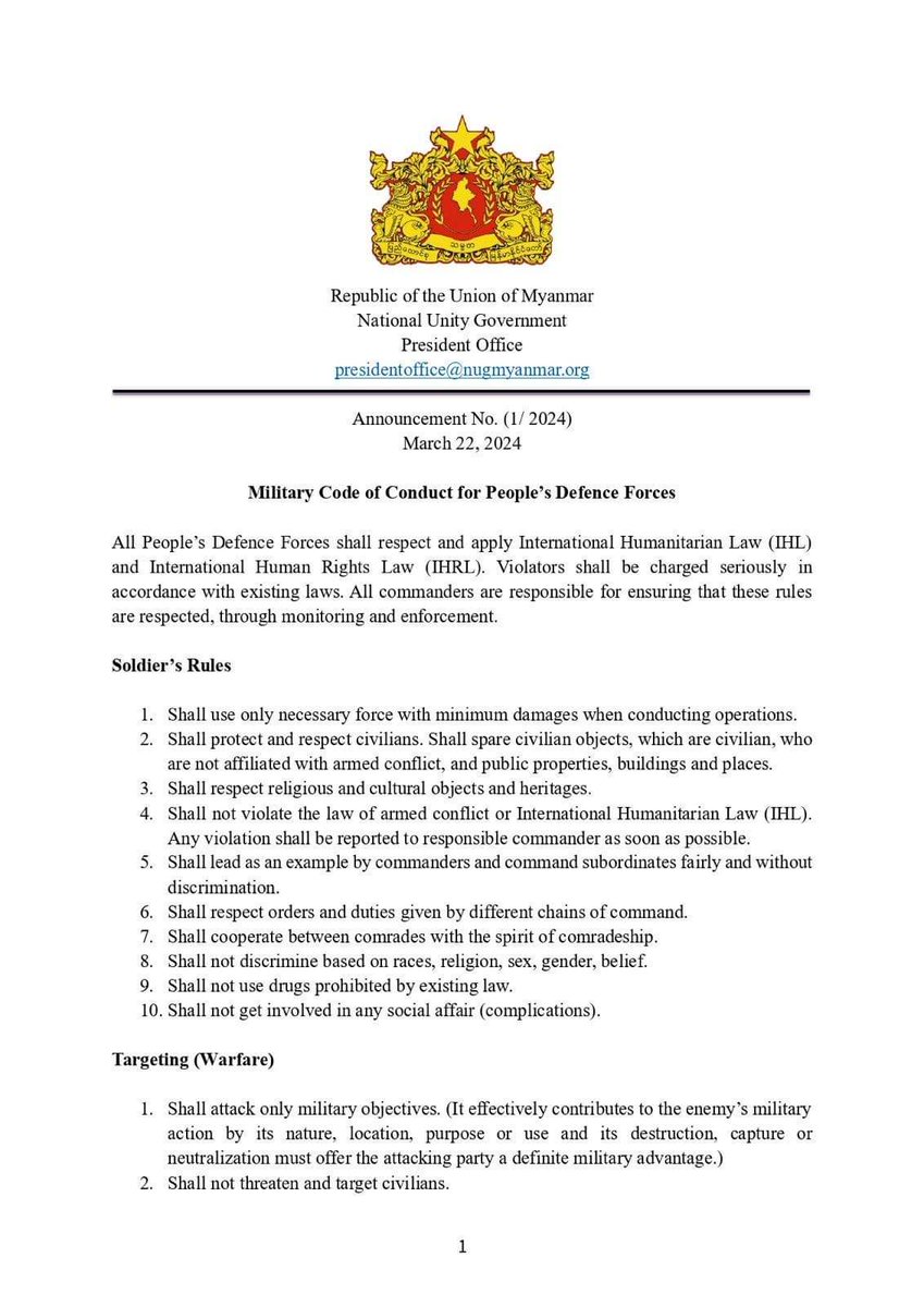 htartha76128693's tweet image. Revised version of COC adopted by the Acting President @DuwaLashiLa for all defence and security forces of NUG to enfoce military code of conduct. #MOHR is committed to raise awareness, receive comlaints and coordinate closely with others for protection civilians.