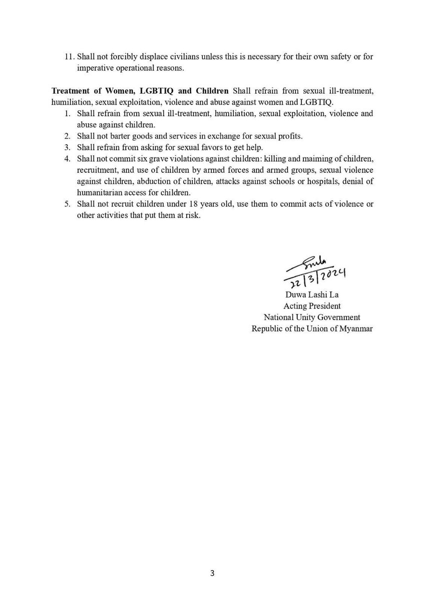 htartha76128693's tweet image. Revised version of COC adopted by the Acting President @DuwaLashiLa for all defence and security forces of NUG to enfoce military code of conduct. #MOHR is committed to raise awareness, receive comlaints and coordinate closely with others for protection civilians.