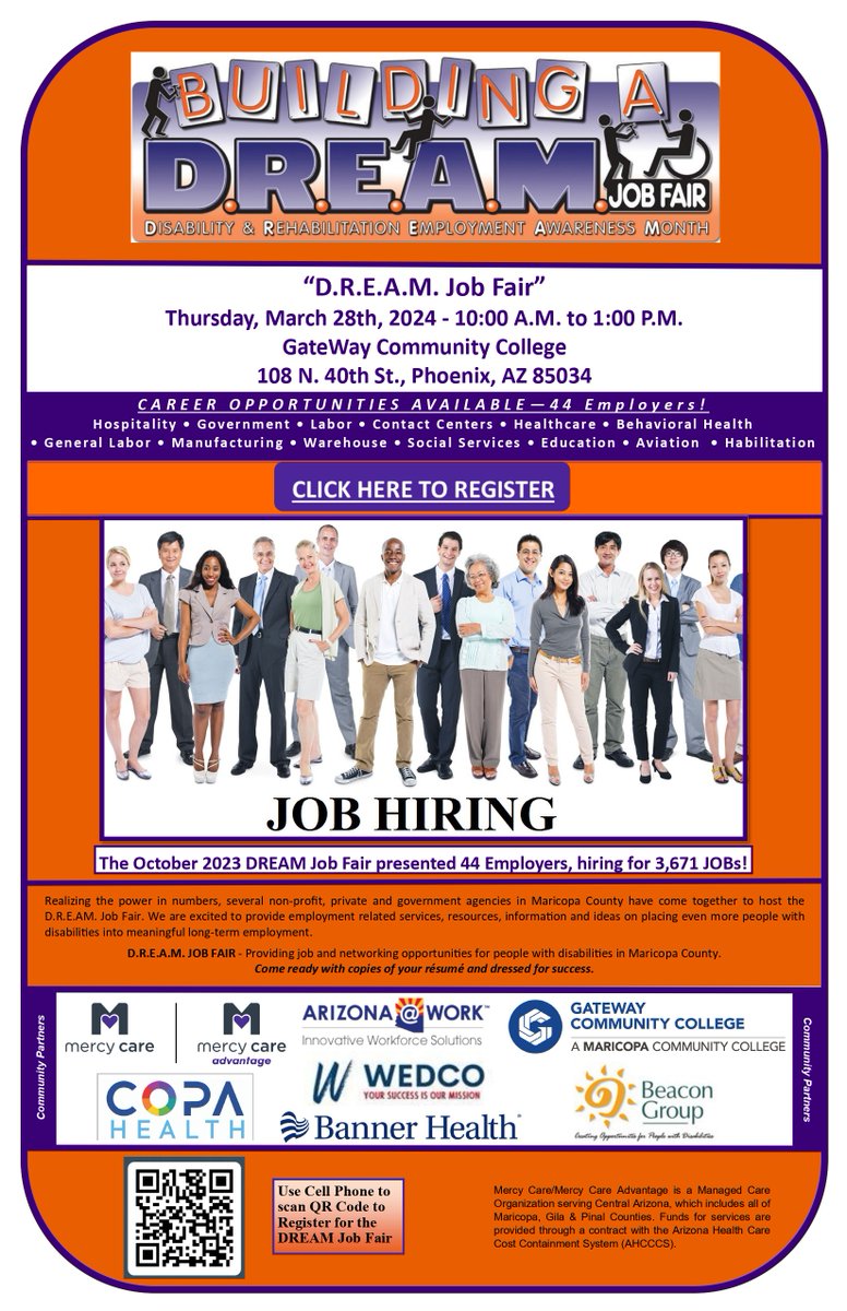ARIZONAatWORK's tweet photo. HAPPENING NEXT WEEK: The Building a DREAM Job Fair is on March 28th and will feature 44 employers from several industries who have job vacancies for individuals with disabilities! 

Pre-register at https://t.co/Gxy1gZ0RlZ

#BuildingADream https://t.co/4mUArVDXYQ