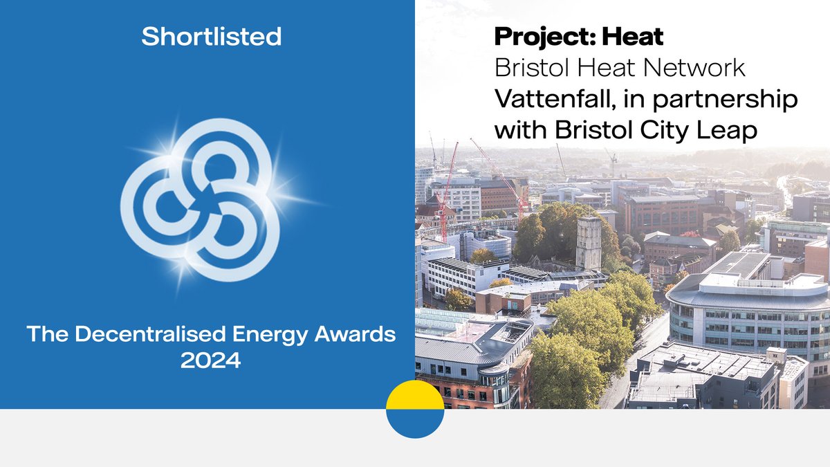 Vattenfall Heat UK have been shortlisted for the Project: Heat award in the upcoming Decentralised Energy Awards with the Bristol Heat Network, in partnership with @BristolCityLeap. ow.ly/IhfK50QZpqv #DEAwards24 @TheADEUK