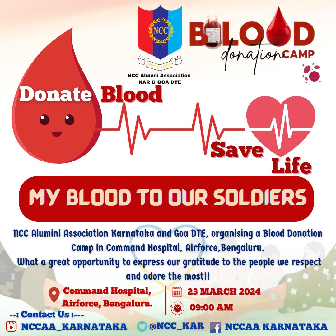 Help Uttarakhand Group (@bharat24588032) on Twitter photo #Bengaluru
#BloodDonationCamp 🩸
Date- 23 March 2024
Time- 9 am onwards
Venue- Command Hospital, Airforce, #Bengaluru
<a href="/BloodAid/">BloodAid</a>
<a href="/BloodDonorsIn/">Blood Donors India</a>
<a href="/BloodsevaIndia/">Blood Seva Parivar</a>
<a href="/SWWELYYIN/">SAM@GIVE BLOOD@</a>
<a href="/HEROSFoundation/">Donate Blood Save Lives ❤️🇮🇳</a>
<a href="/gounder_ramya/">GounderRamya</a>
<a href="/thesks24/">SKS (Malak of Bharat )</a>
<a href="/Rakt_Daan/">Blood Donation</a>
<a href="/rishi7_roy/">Rishi Roy</a>
<a href="/thesks24/">SKS (Malak of Bharat )</a>
<a href="/Shivani15691817/">Shivani yadav</a> #Bengaluru
#BloodDonationCamp 🩸
Date- 23 March 2024
Time- 9 am onwards
Venue- Command Hospital, Airforce, #Bengaluru
<a href="/BloodAid/">BloodAid</a>
<a href="/BloodDonorsIn/">Blood Donors India</a>
<a href="/BloodsevaIndia/">Blood Seva Parivar</a>
<a href="/SWWELYYIN/">SAM@GIVE BLOOD@</a>
<a href="/HEROSFoundation/">Donate Blood Save Lives ❤️🇮🇳</a>
<a href="/gounder_ramya/">GounderRamya</a>
<a href="/thesks24/">SKS (Malak of Bharat )</a>
<a href="/Rakt_Daan/">Blood Donation</a>
<a href="/rishi7_roy/">Rishi Roy</a>
<a href="/thesks24/">SKS (Malak of Bharat )</a>
<a href="/Shivani15691817/">Shivani yadav</a>