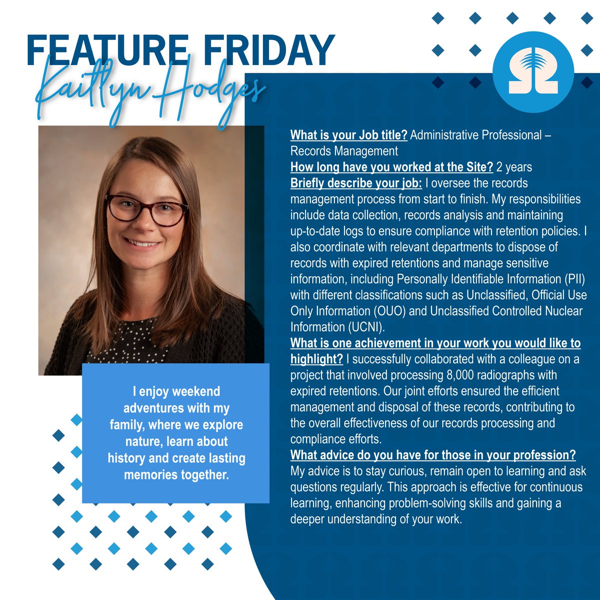 It's #FeatureFriday! Meet the Administrative Professional Records Manager, Kaitlyn Hodges. Thank you for helping us #MakeTheWorldSafer, Kaitlyn!