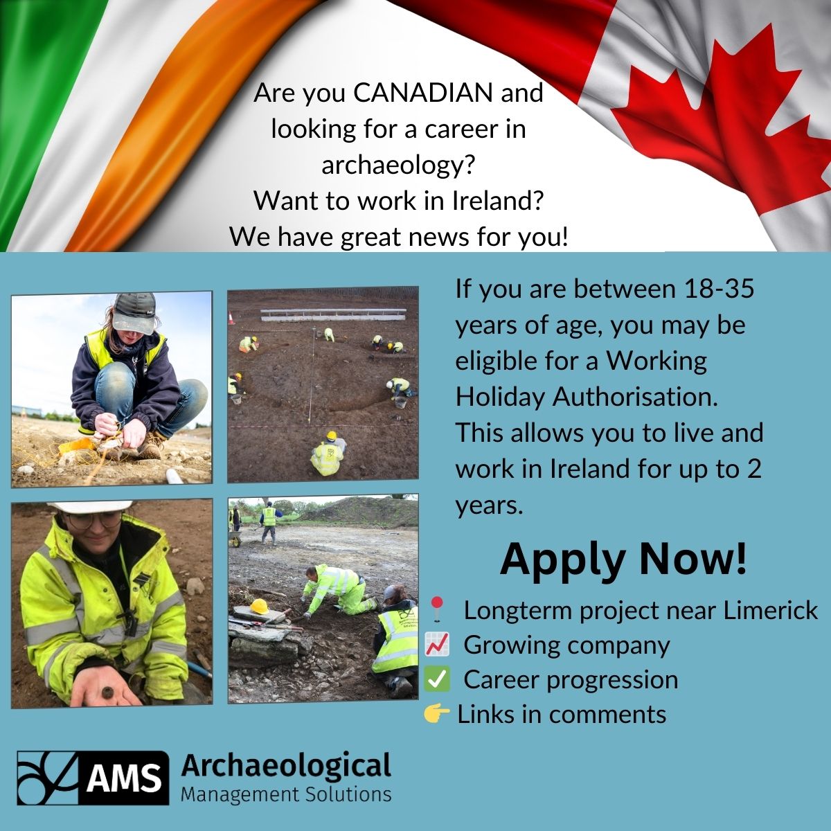 🍁Want to swap your maple leaf for a shamrock?☘️ You need to: ✅be between 18-35 years of age ✅have an archaeology or a related degree 👉apply for a Working Holiday Authorisation 📩Then send us an email with your CV to: jointheteam@ams-consultancy.com #workinireland #archeology