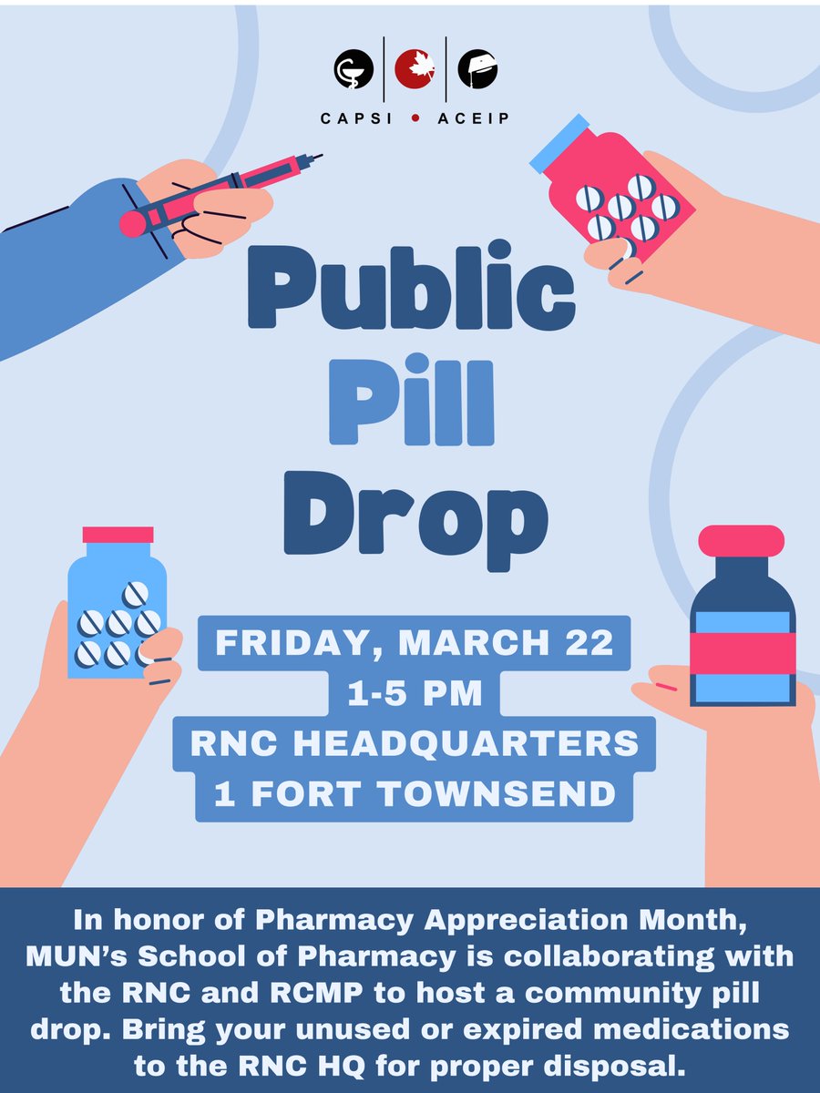 The RCMP is pleased to partner with the Canadian Association of Pharmacy Students and Interns (CAPSI) and the RNC for a Public Pill Drop today at RNC Headquarters. Drop by 1:00-5:00 p.m. with your unused or expired medications to be disposed of safely. #PAM2024 #InYourCommunity