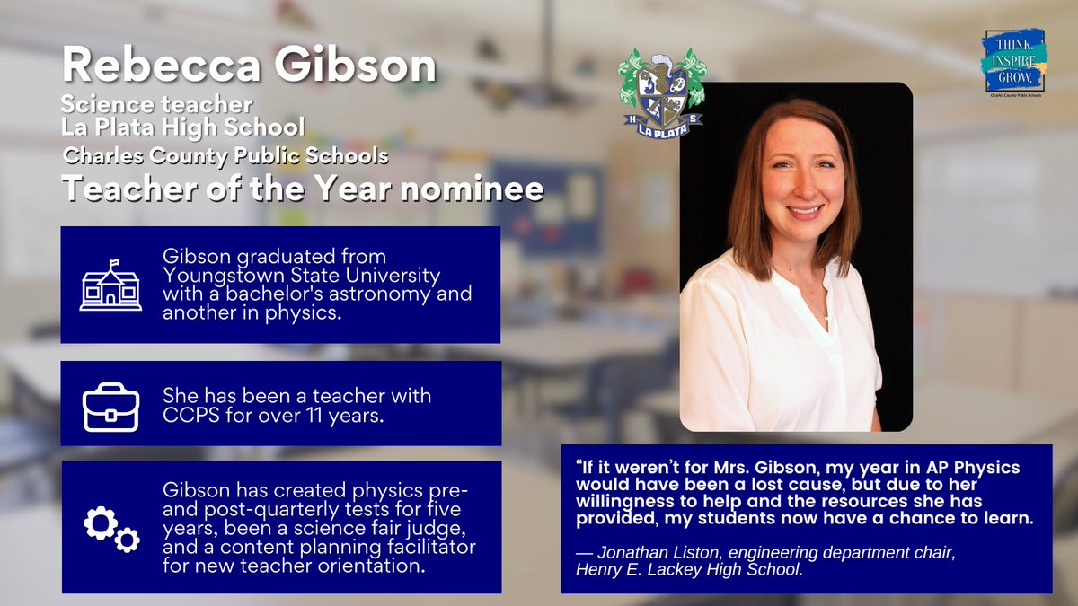 Congrats to Rebecca Gibson, science teacher at @LaPlataHS, for being nominated for the CCPS Teacher of the Year award. 🎉 CCPS recently honored the CCPS Teacher of the Year, finalists and nominees in its ceremony on February 22. Stay tuned for more on social media.