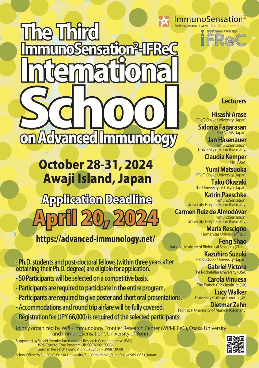 🚨 Deadline extended! The application for the International School on Advanced Immunology in Japan is open until the 20th of April for our #cluster #members. Cluster members are required to apply via the form attached to our website! immunosensation.de/events/3rd-imm…