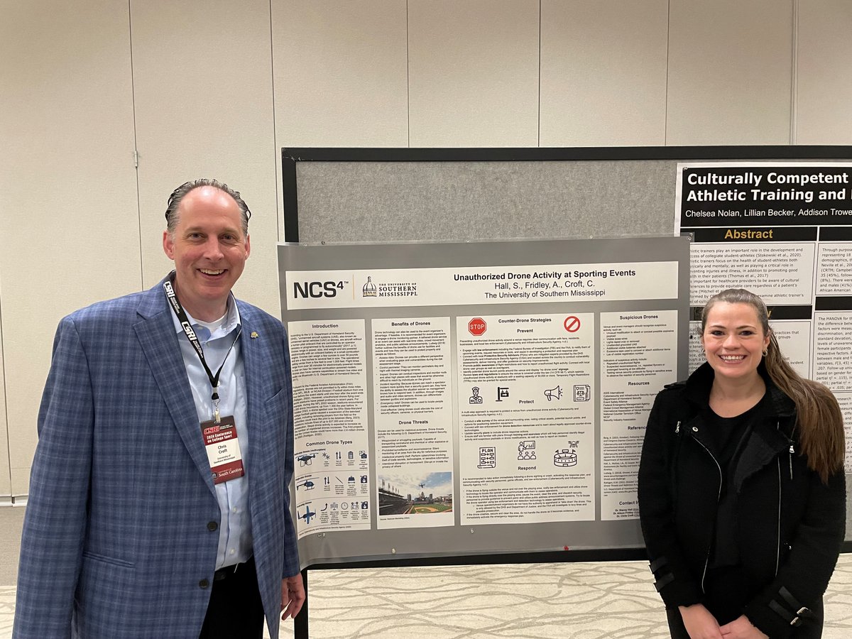 Special thanks to <a href="/CSRIConference/">CSRI Conference</a> on the opportunity for Dr. Stacey Hall <a href="/alifridley/">Ali Fridley Hubbard</a> &amp; I to present on “Unauthorized Drone Activity at Sporting Events” representing <a href="/SouthernMissSM/">Southern Miss Sport Management</a> &amp; <a href="/NCS4usm/">NCS4</a> #SMTTT #SportsBiz #CollegeSports