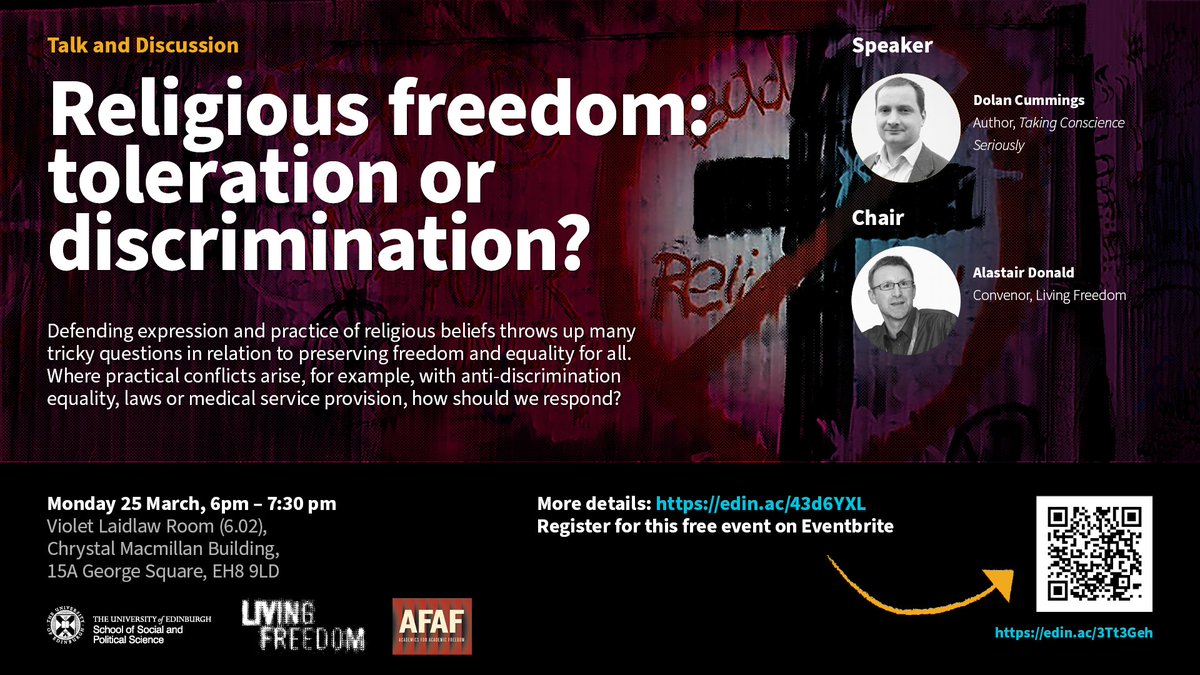 🚨Monday 25 March 🚨 Religious freedom, toleration or discrimination? 🤔 Scotland's #HateCrimeBill abolishes ancient blasphemy law. But does ‘stirring up’ hate under new Act create a modern blasphemy code? Join us @uniofedinburgh to discuss Info 👉 tinyurl.com/3mvknyz7