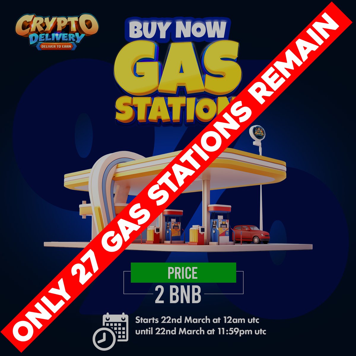 📣Hello everyone, we will be releasing 84 gas stations for sale at a value of 2 BNB each. Our team will set aside 1 BNB to eventually repurchase tokens.

The number of stations released for sale is intended to meet the demand for fuel, which is currently in short supply.

🕐
