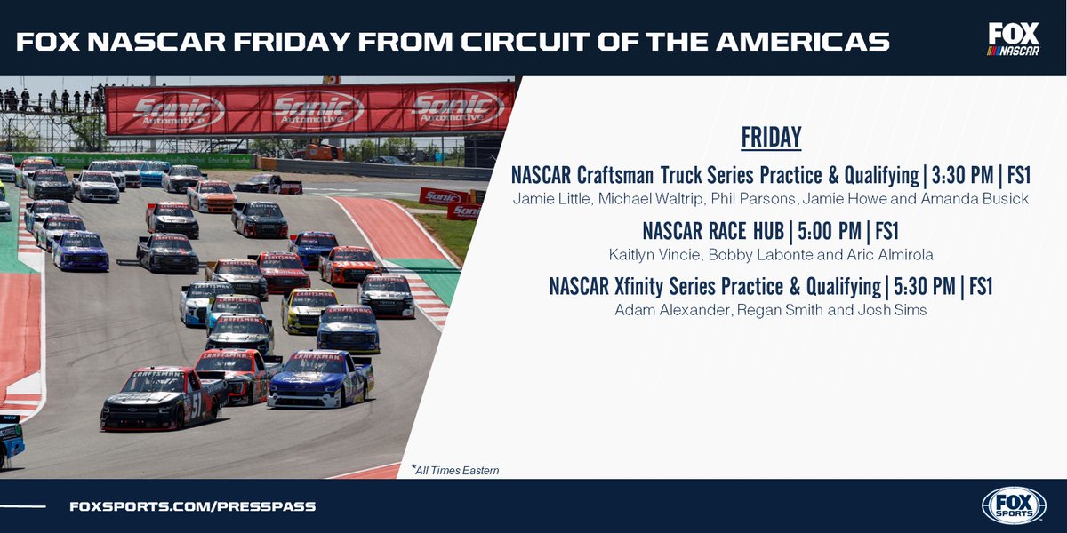 It’s time for the first road course of the season! @NASCARonFOX coverage from @COTA in Austin starts today with the @NASCAR_Trucks and @NASCAR_XFINITY Series hitting the 2️⃣0️⃣-turn track for the first time.