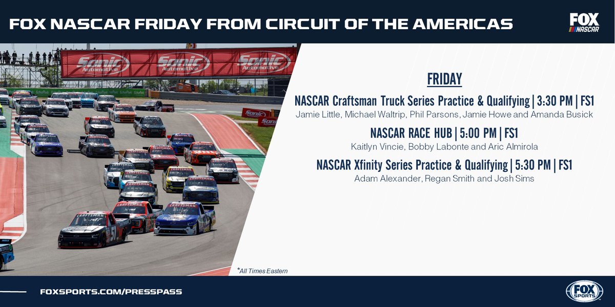 FOXSportsPR's tweet image. It’s time for the first road course of the season! @NASCARonFOX coverage from @COTA in Austin starts today with the @NASCAR_Trucks and @NASCAR_XFINITY Series hitting the 2️⃣0️⃣-turn track for the first time.