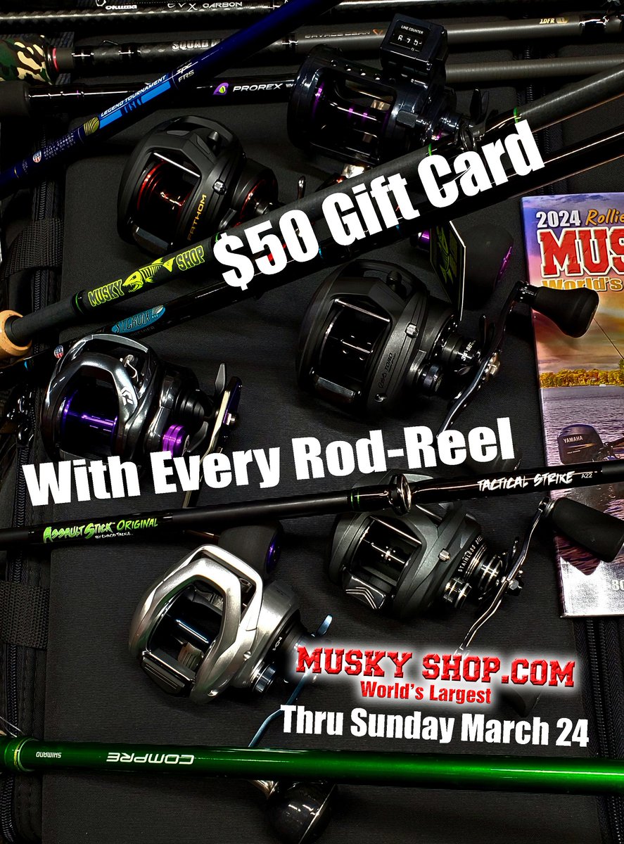 Musky Shop on X: Today is the last day of the $50 Gift Card Special. Get a  free $50 gift card with every musky rod or reel you buy from    /