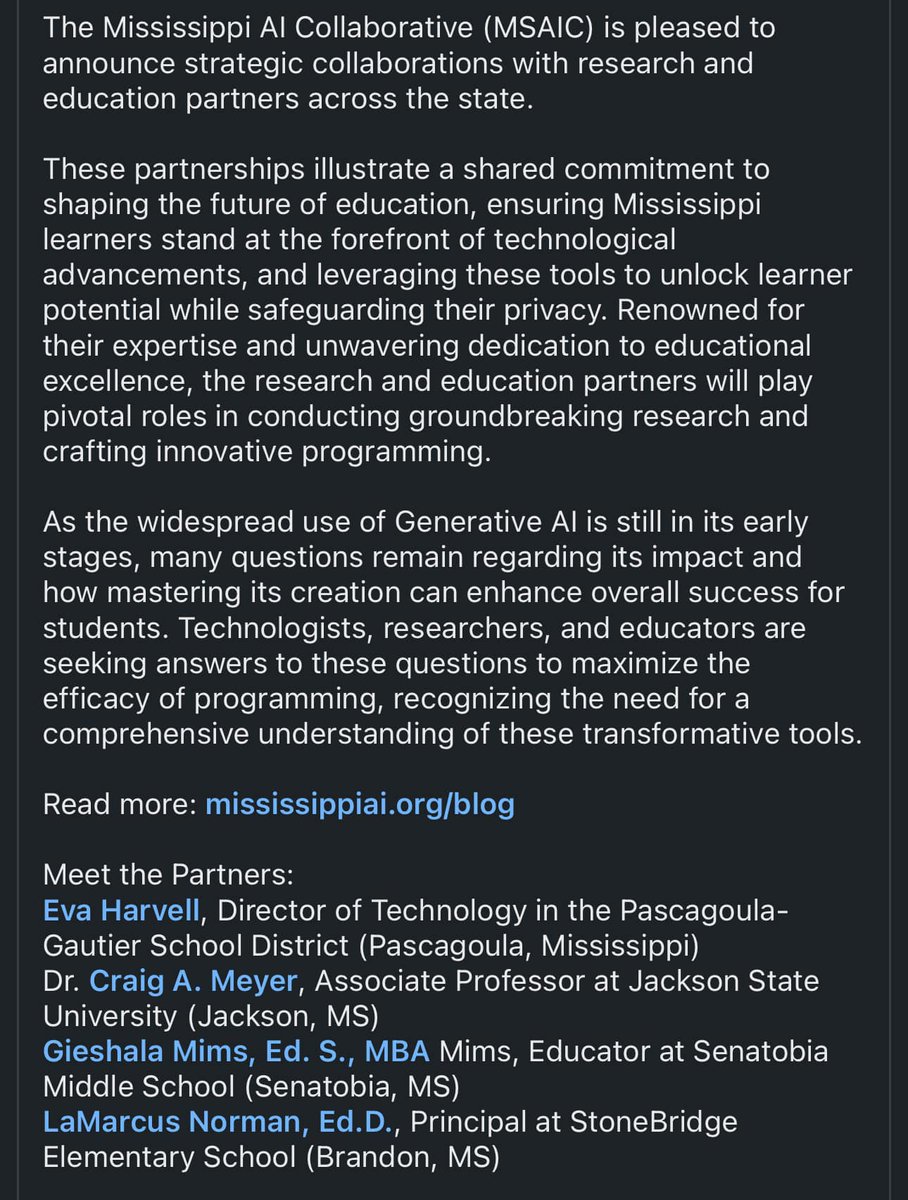 techie_teach's tweet image. I am excited and honored to embark on this journey with the Mississippi AI Collaborative (MSAIC) and these amazing research and education partners!
#edtech #AIinEducation