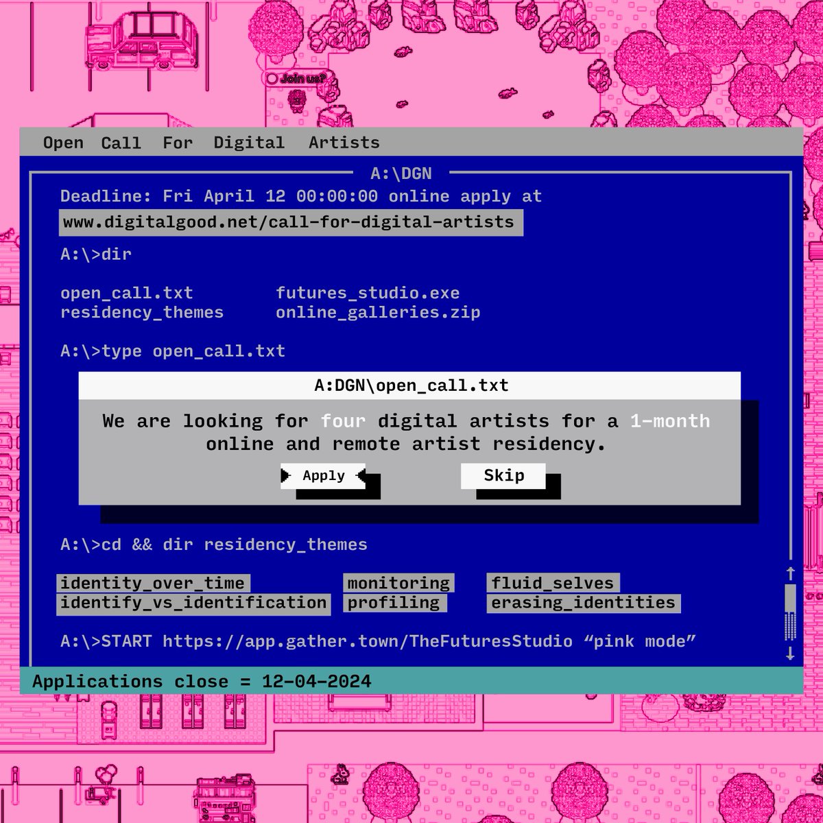 ESRC Digital Good Network (@digitalgoodnet) on Twitter photo msDOS_call_post: OPEN CALL: Looking for 4 digital artists to join us for an online residency in May.
Theme: Digital Identities Over Time.
Apply by Friday April 12th midnight (GMT), link to apply in the comments.
#digitalgood <a href="/KimSnooks/">Kim Snooks</a> <a href="/_DanRichards_/">Dan Richards</a> <a href="/ginasue/">Prof Gina Neff</a> <a href="/ImaginationLanc/">ImaginationLancaster</a> msDOS_call_post: OPEN CALL: Looking for 4 digital artists to join us for an online residency in May.
Theme: Digital Identities Over Time.
Apply by Friday April 12th midnight (GMT), link to apply in the comments.
#digitalgood <a href="/KimSnooks/">Kim Snooks</a> <a href="/_DanRichards_/">Dan Richards</a> <a href="/ginasue/">Prof Gina Neff</a> <a href="/ImaginationLanc/">ImaginationLancaster</a>