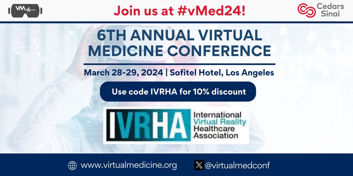 I am excited to announce that I will be attending #vMed24 hosted by @virtualmedconf and @CedarsSinai, a largest academic conference on #XR in healthcare on March 28-29 th at the Sofitel Hotel, #LosAngeles. If you are interested in learning more about the clinical applications of…