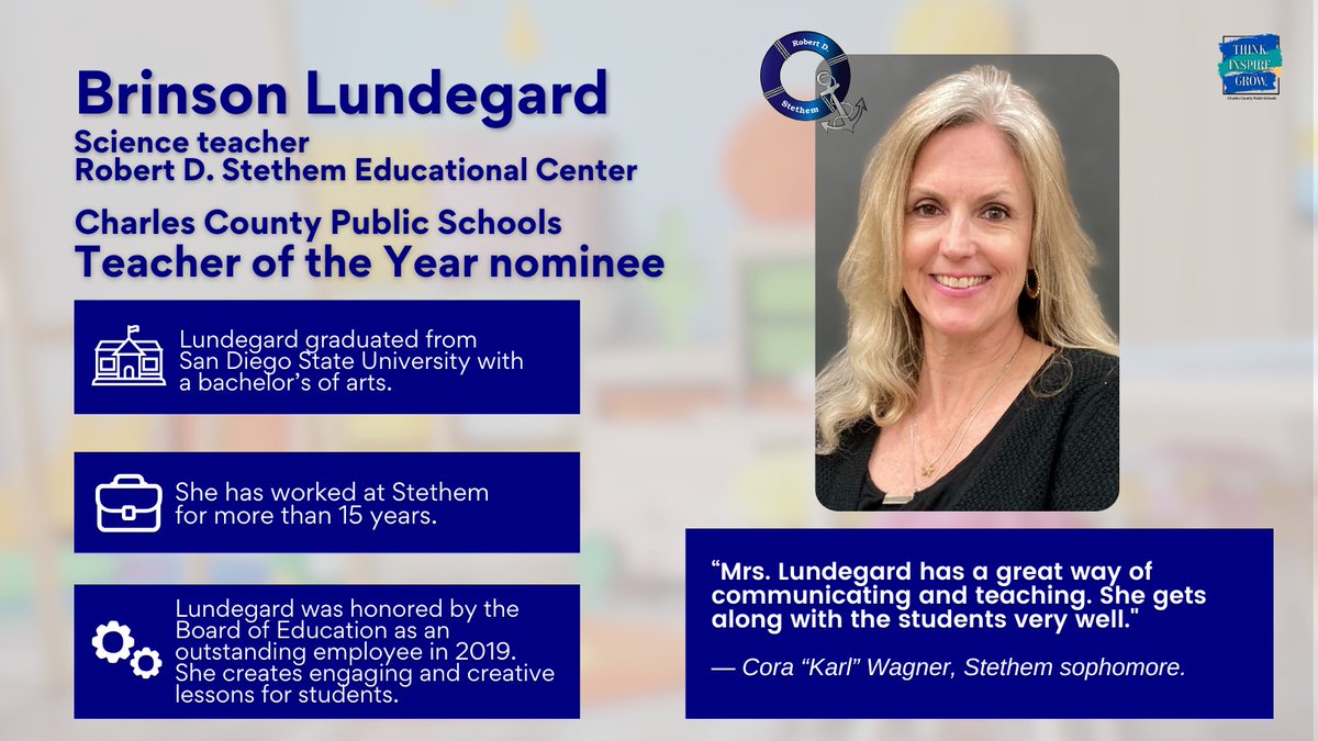 Congrats to Brinson Lundegard, science teacher at @StethemCenter, for being nominated for the CCPS Teacher of the Year award. 🎉 CCPS recently honored the CCPS Teacher of the Year, finalists and nominees in its ceremony on February 22. Stay tuned for more on social media.