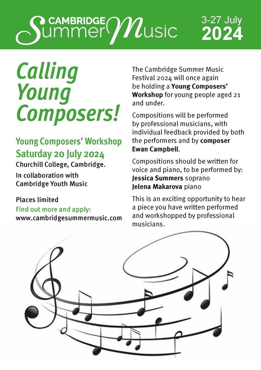 Calling young composers! Our Young Composers' Workshop this July is an exciting opportunity for young people aged 21 and under to have a composition workshopped by professional musicians. Please share! Find out more at: cambridgesummermusic.com/composing-work…