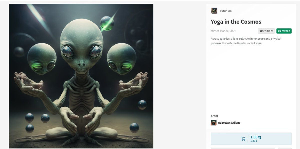 For only 1 $XTZ you can get one.

Yoga, what else?  

#tezosart #tezoscommunity #tezoscommunity #tezosArts #objktnft #tezoscollector #tezoscollectors #objkt #objktcom #nftart #AIart #AI #nft

objkt.com/tokens/KT1M9E1…
