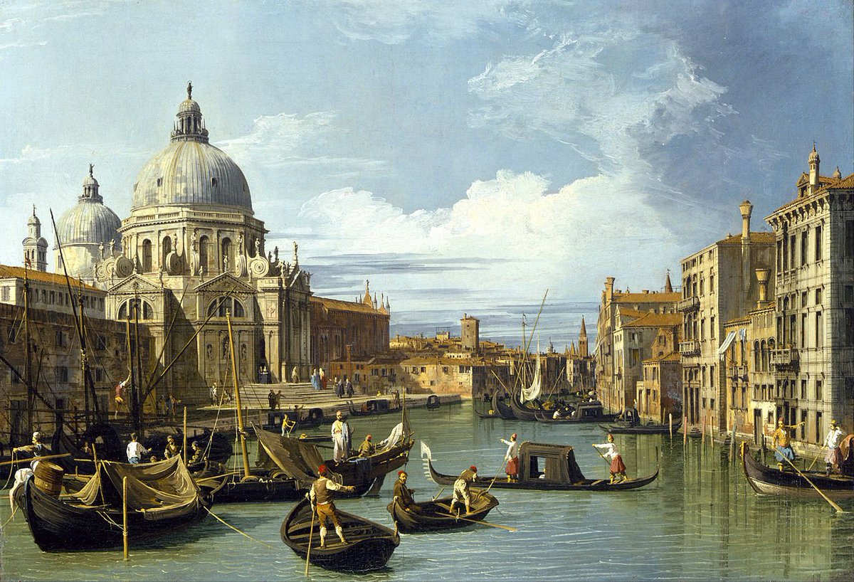 'The Entrance to the Grand Canal, Venice' by Canaletto, 1730. The painting is a Rococo landscape painting, currently held as part of the Robert Lee Blaffer Memorial Collection in the Audrey Jones Beck Building at the Museum of Fine Arts, Houston, Texas. #OGC #paintingoftheday