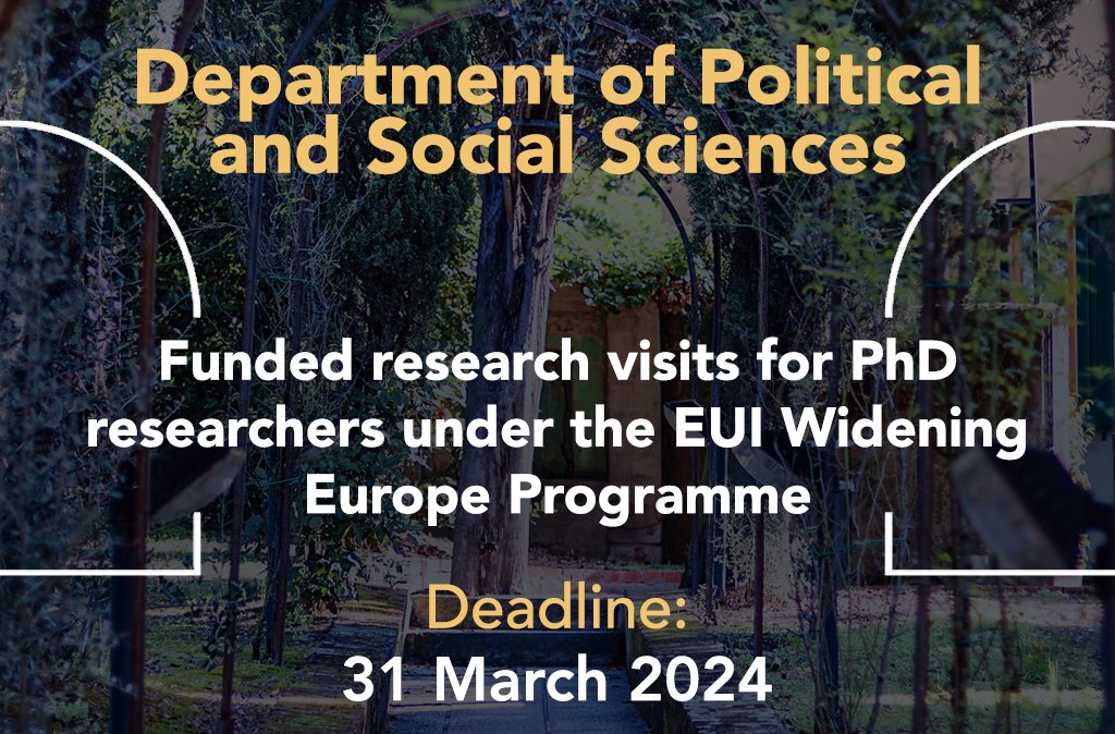 Don't miss out on this #EUIWidening opportunity ⌛ @eui_sps is offering #PhD researchers from Widening countries #funded research visits for the period of September-December 2024. ➡️ #Apply by 31 March: loom.ly/SkSSO5I