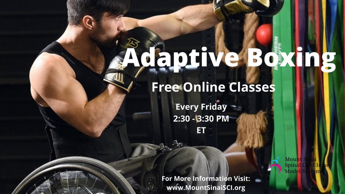Join us for our Adaptive Boxing Class! Every Friday at 2:30 PM. No experience needed and all abilities are welcome. To register, contact garrison.redd@mountsinai.org. #AdaptiveBoxing #SpinalCordInjury #Paraplegia #Quadriplegia