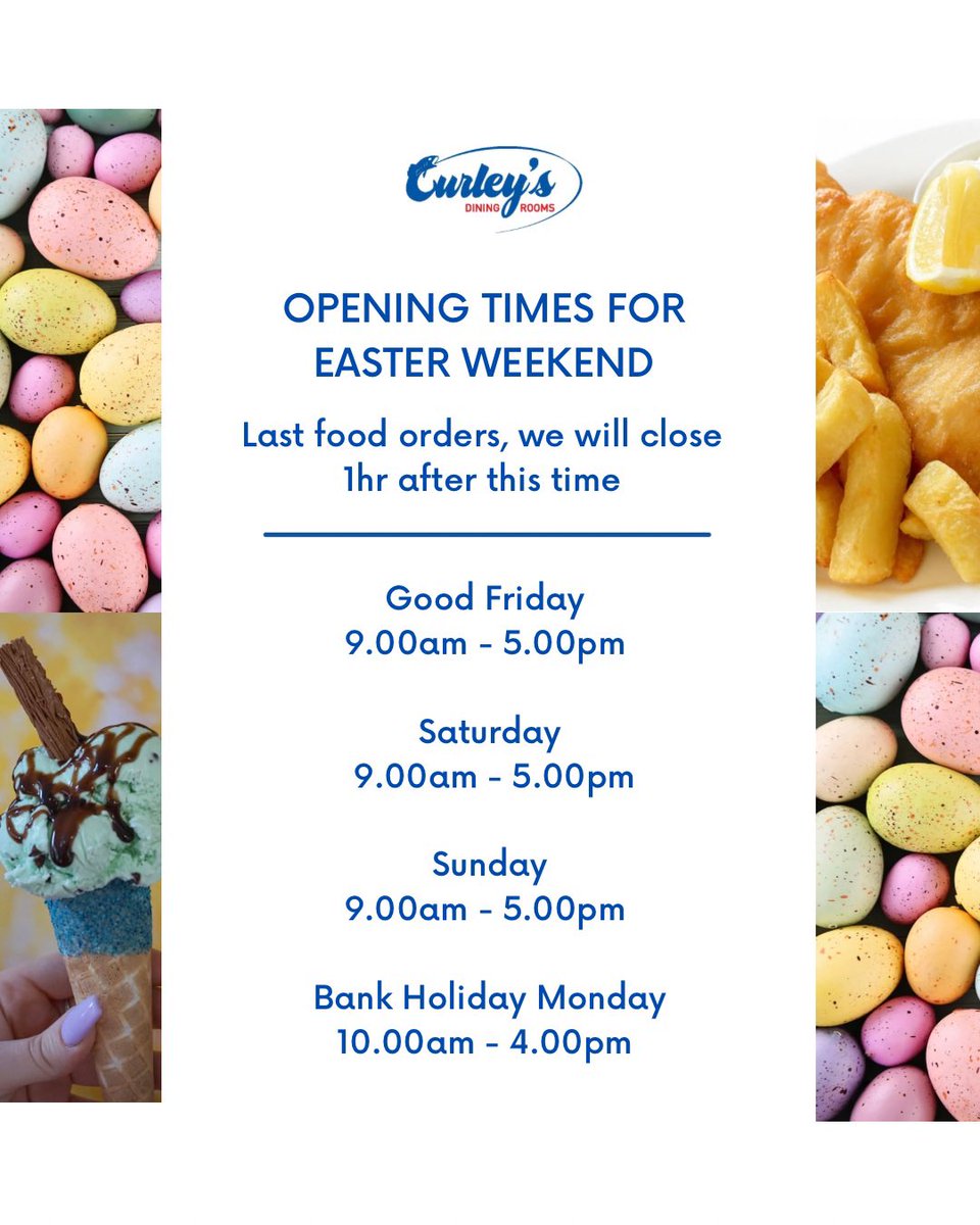 Our Easter opening times are out and yes we are open everyday 😃🙌🏼 Please just note that these are our opening and food service times, we will close one hour after these times. #bringoneaster #curleysdiningrooms #openingtimes #horwich #boostingbolton #hellohorwich