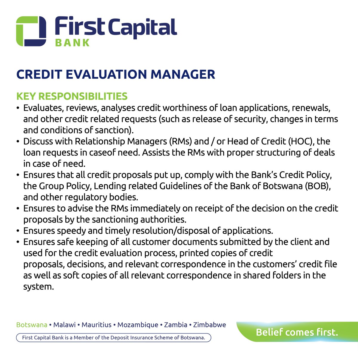 FirstCapital_Bw's tweet photo. 📣 Join the #FirstCapitalBankBotswana Team 📣

Are you looking to be a part of an exciting team out to change the banking landscape of Botswana? We now have a vacancy for Credit Evaluation Manager &amp; are calling on all qualified persons to apply!

Closing date: 5th April 2024 https://t.co/o1taaRiF6q
