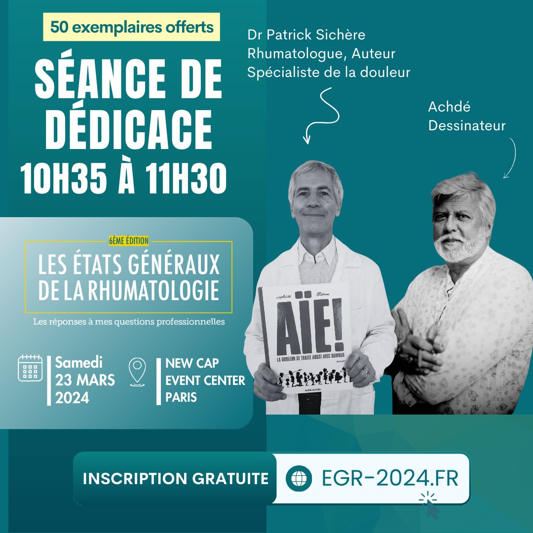 LeSNMR's tweet photo. Rdv demain aux États Généraux Rhumatologie 2024 à Paris ! Dernière chance d'y être :  https://t.co/UOFRfgvuw7 
Ne manquez pas la séance dédicace  avec Dr. Sichere &amp; @Achdé à 10h35. 
🎁50 BDs "Aïe, la douleur se traite aussi avec humour" offerts aux premiers arrivés ! #SantéHumour https://t.co/tLJ1gYKfjQ