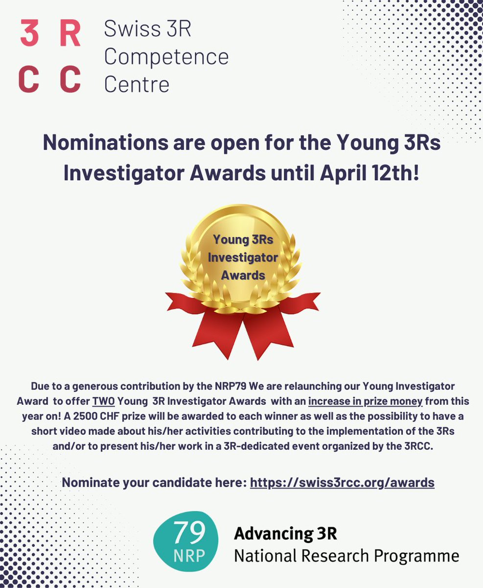 Thanks to NRP79, we're relaunching our Young #3Rs Investigator Award with TWO winners! Each will receive 2500 CHF and a chance to showcase their work. Nominate your candidate by April 12th: swiss3rcc.org/awards Nominations are also open for the main 3Rs award 🏆