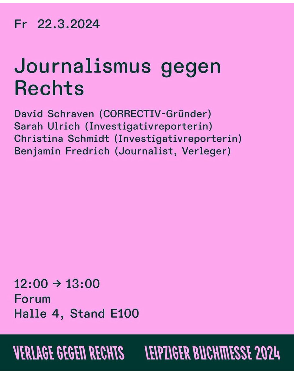 @sarahulrich.bsky.social (@ulrich_srh) on Twitter photo Hallo #Buchmesse! Heute spreche ich mit <a href="/rprtrn/">Christina Schmidt</a> , David Schraven (Correctiv) und Benjamin Fredrich (@Katapultmagazin ) über „Journalismus gegen Rechts“, organisiert von „Verlage gegen Rechts“. 12:00, Forum Halle 4 E100. Kommt vorbei! Hallo #Buchmesse! Heute spreche ich mit <a href="/rprtrn/">Christina Schmidt</a> , David Schraven (Correctiv) und Benjamin Fredrich (@Katapultmagazin ) über „Journalismus gegen Rechts“, organisiert von „Verlage gegen Rechts“. 12:00, Forum Halle 4 E100. Kommt vorbei!