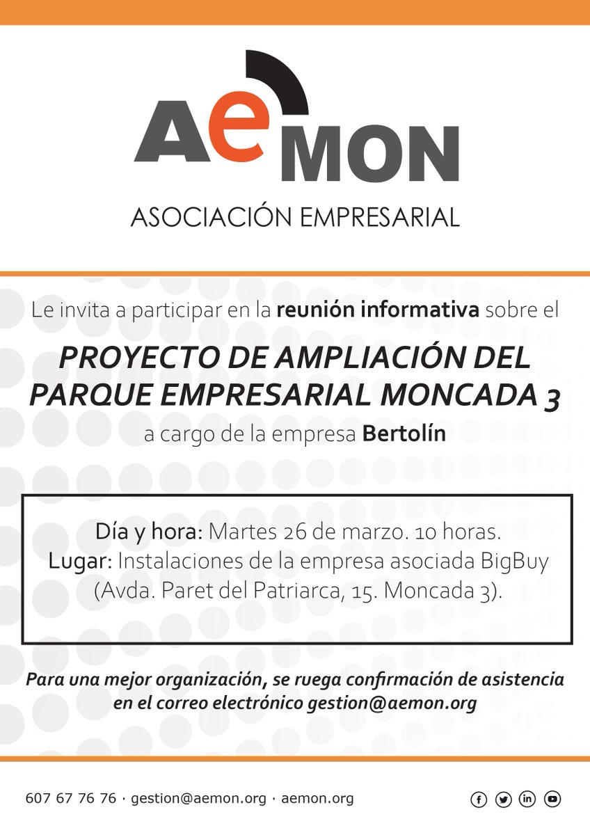 AEMONasociacion's tweet photo. 🔸 El próximo martes, día 26 de marzo, tenemos una cita importante con @grupobertolin para conocer el proyecto de ampliación del parque empresarial #Moncada3.

➡️ Será en las instalaciones de la empresa asociada @BigBuy_Commerce, a quien agradecemos su colaboración. https://t.co/A3MIaaNFtW