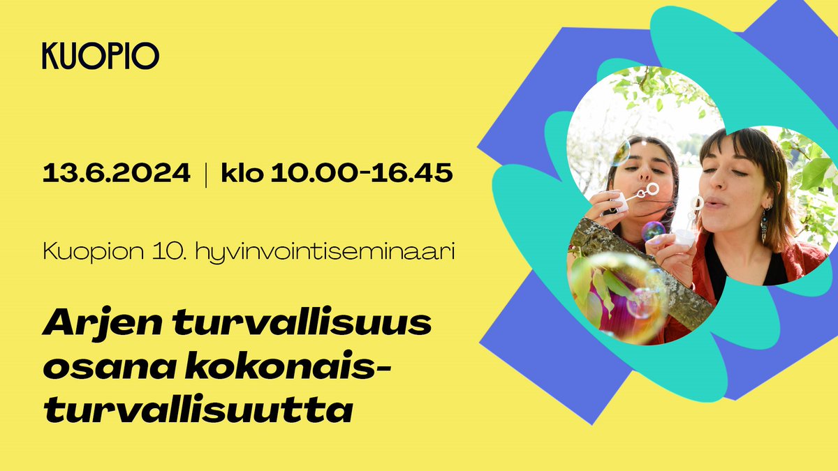 #Kuopio'n 10. maksuton #hyvinvointiseminaari syventyy arjen turvallisuuteen osana kokonaisturvallisuutta. 13.6.2024 kuulemme sekä asiantuntijoiden puheenvuoroja eri näkökulmilta että nuorten ajatuksia turvallisuudesta. ❣️

Katso lisää ja ilmoittaudu: kuopio.fi/hyvinvointisem…
#hyte