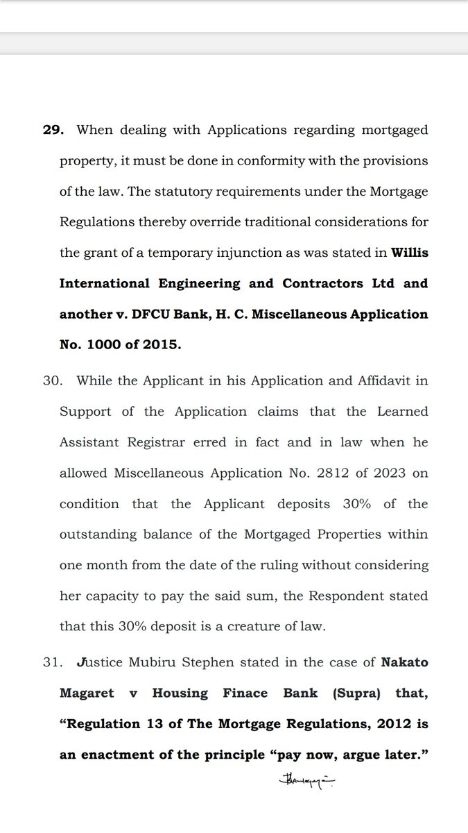 CaseBriefGuide's tweet image. ulii.org/akn/ug/judgmen… #temporary #injunctions #mortgages #regulations
🎯Statutory requirement to deposit 30% of the forced sale value of mortgaed property supercedes the traditional considerations for grant of temporary injunctions. PER NALUZZE AISHA BATALA J [21•03•2024]