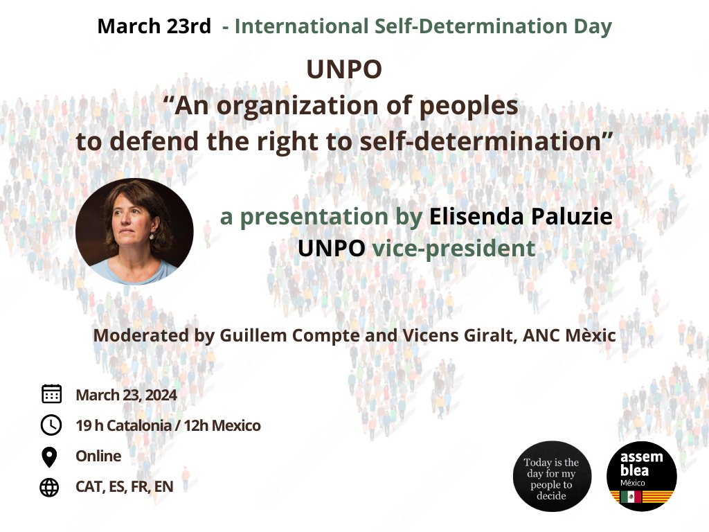 ⬛️⬜️🌍UNPO: 'An organization of peoples to defend the right to self-determination', by @epaluzie.
🗓️Saturday, March 23.
🕘7pm Catalonia / 12pm Mexico.
🗣️Catalan, Spanish, French, English.
📍Online (Zoom).
🔗us06web.zoom.us/j/84584882789?…
#StandUpForCatalonia