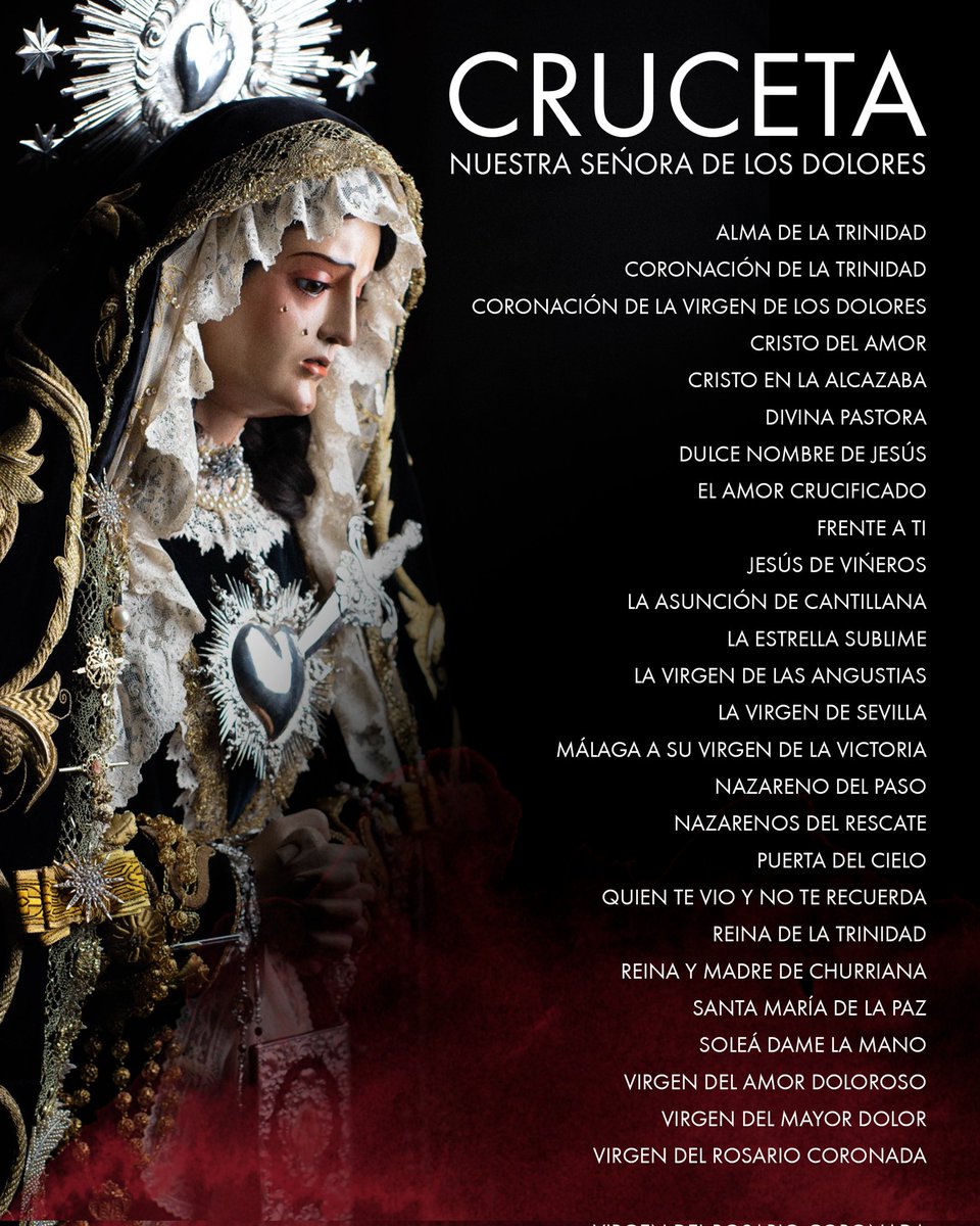 CRUCETAS MUSICALES - VIERNES DE DOLORES 2024.

Esta es la selección de marchas que sonarán en la noche de hoy por las calles de nuestro barrio tras nuestros sagrados titulares. <a href="/BMChurriana/">Banda de Churriana</a> y <a href="/Banda_Trinidad/">Trinidad Sinfónica</a> serán las encargadas de llevarlas a cabo.