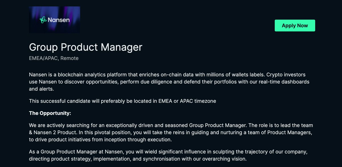 nansen_ai's tweet photo. We're hiring a Group Product Manager for Nansen 2! 🎉

What we're looking for:

- Strong background as a Lead Product Manager in an emerging tech environment
- Excellent communication skills
- Able to seamlessly work in a remote environment
- Crypto native: this is non-negotiable https://t.co/yD62zqmMUp
