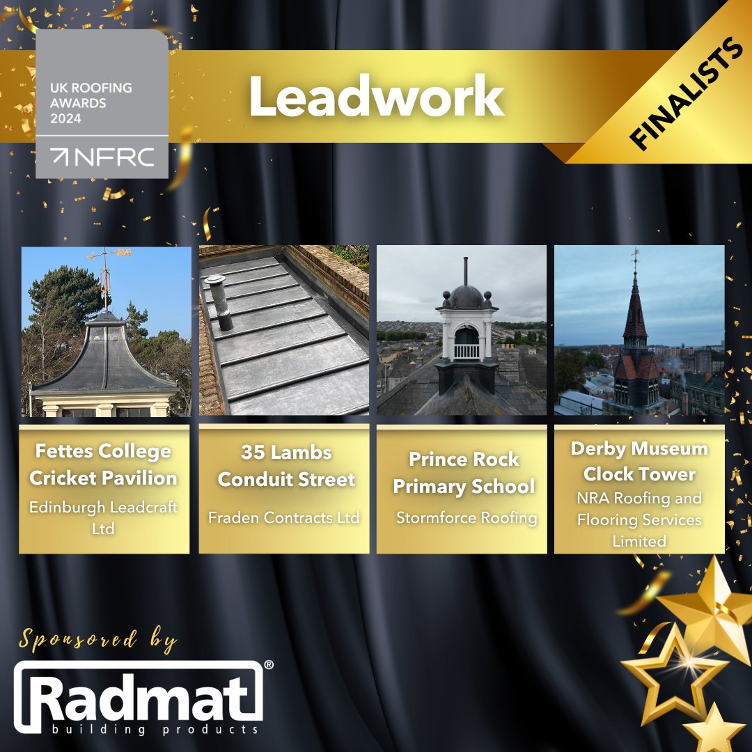 UK Roofing Awards (@ukroofingawards) on Twitter photo 🎉 Here are the finalists in the Leadwork category, sponsored by Radmat Building Products Ltd 
🌟 Edinburgh Leadcraft Ltd
🌟 Fraden Contracts Ltd
🌟 <a href="/StormforceRoofs/">STORMFORCE ROOFING</a> 
🌟 <a href="/NRA_Roofing_LTD/">NRA Roofing</a>
 
Good luck! 
#RA2024 #RoofingAwards2024 🎉 Here are the finalists in the Leadwork category, sponsored by Radmat Building Products Ltd 
🌟 Edinburgh Leadcraft Ltd
🌟 Fraden Contracts Ltd
🌟 <a href="/StormforceRoofs/">STORMFORCE ROOFING</a> 
🌟 <a href="/NRA_Roofing_LTD/">NRA Roofing</a>
 
Good luck! 
#RA2024 #RoofingAwards2024
