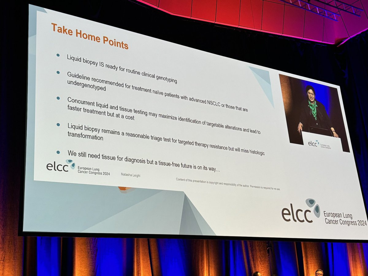 Dr. Natasha Leighl starting off the ‘Moving liquid biopsy forward in the clinic’ session here at the #ELCC24. “Liquid Biopsy IS ready for routine clinical genotyping”