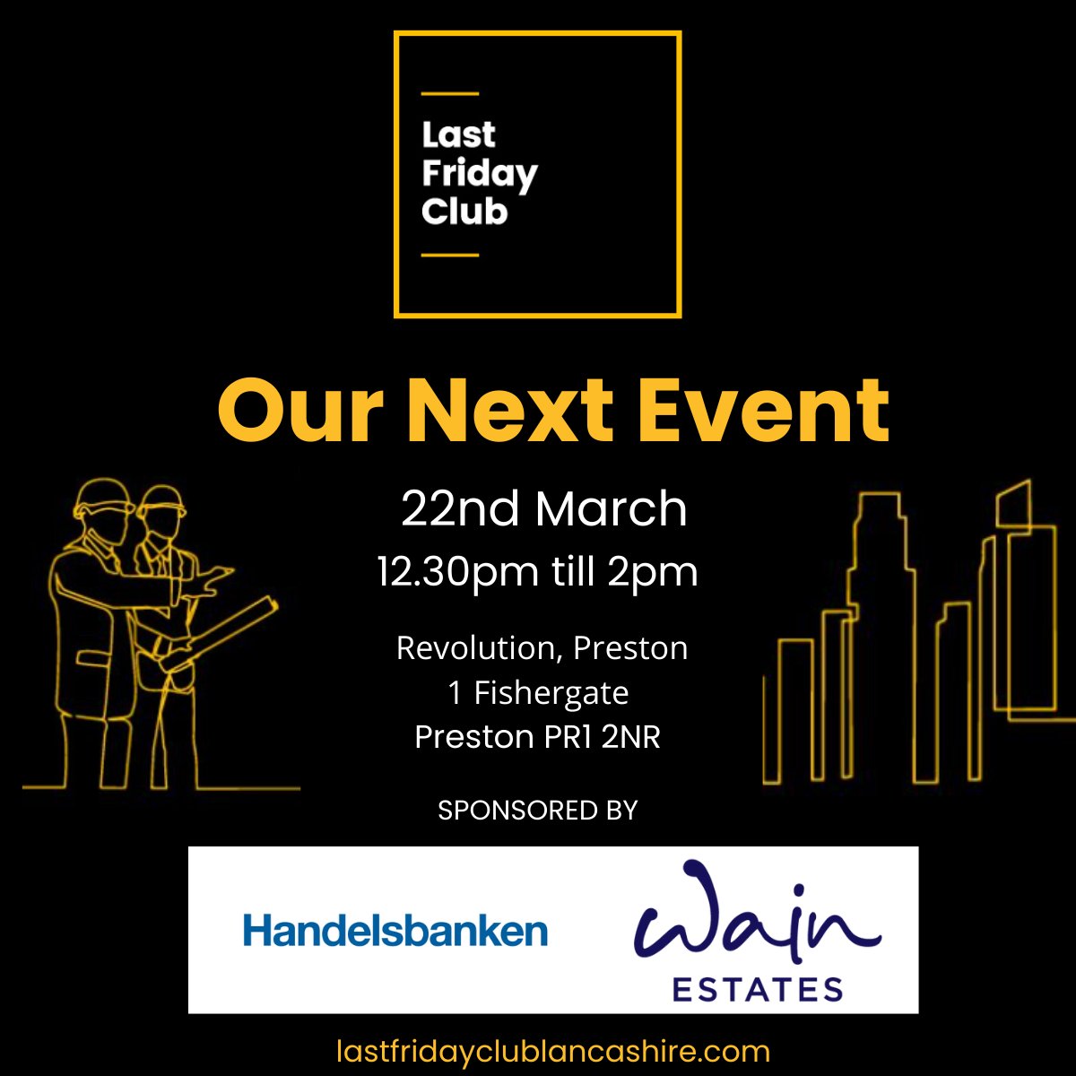 📣 This is your reminder - Last Friday Club is today at 12.30pm!

Sponsored by <a href="/HandelsbankenUK/">Handelsbanken UK</a> &amp; Wain Estates, it promises to be a busy event at Revolution, Preston ahead of the Easter break.

See you there 👋

#networking #lancashire #preston #networkingevents #lastfridayclub