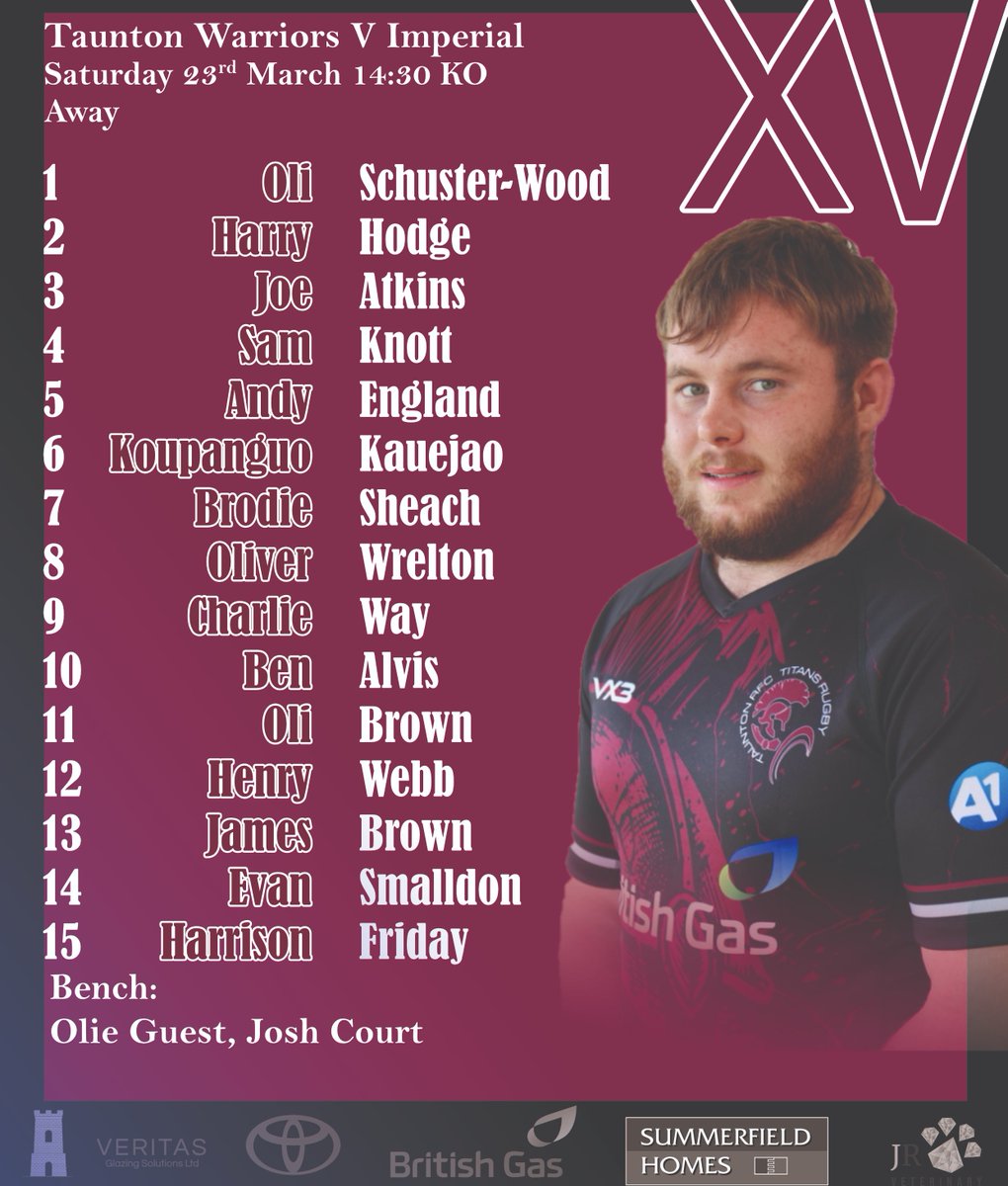🚨🚨 Team News🚨🚨 Here is your Taunton Titans squad that will be taking on @MowdenPark Tomorrow afternoon here at Veritas Park. The Taunton Warriors will be looking to win away at Imperial and secure the league title. #Support #Local #Rugby #Taunton #Community
