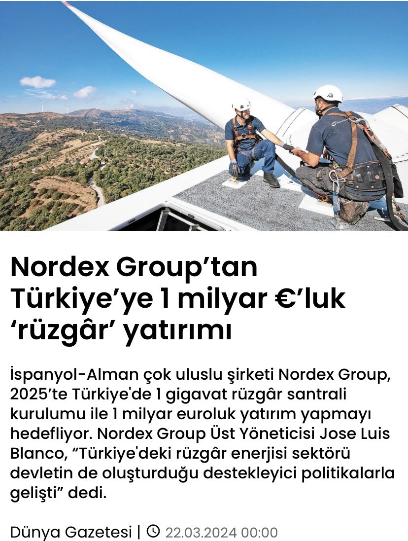 #sayas

📌 Türkiye'nin rüzgâr enerjisindeki potansiyeli bir çok şirketi cezbediyor. İspanyol-Alman çok uluslu şirketi Nordex Group'un Üst Yöneticisi (CEO) Jose Luis Blanco, Türkiye'de karasal rüzgâr santrali yatırımlarını artıracaklarını söyledi.

📌 Avrupa Rüzgâr Enerjisi…