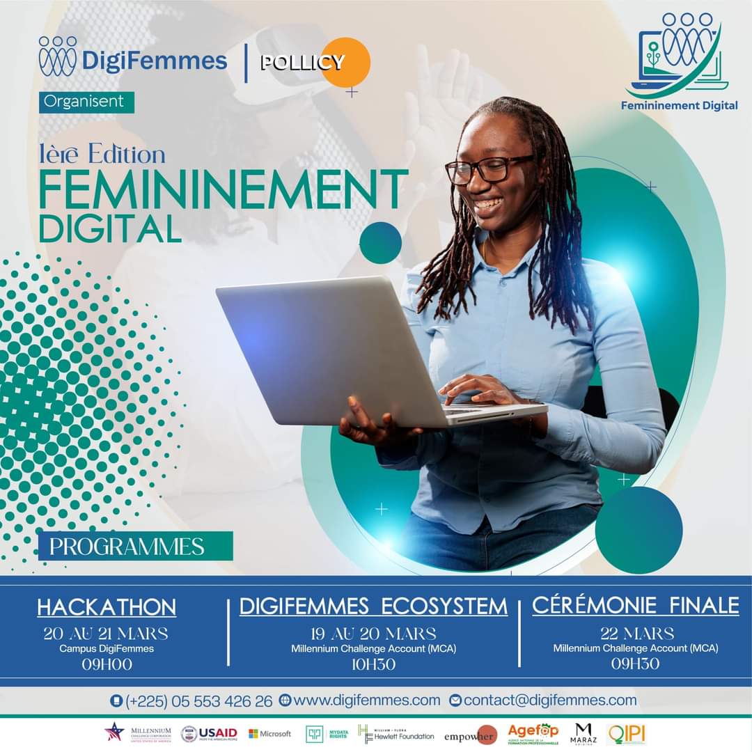 DigiFemmes's tweet image. #DigiFemmes et @PollicyOrg s'associent pour organiser la première édition de Fémininement Digital. 
🎯 Cet événement a pour but de promouvoir l'implication des femmes dans le secteur numérique et de favoriser une gouvernance des données inclusive en Côte d'Ivoire. 
#FD2024