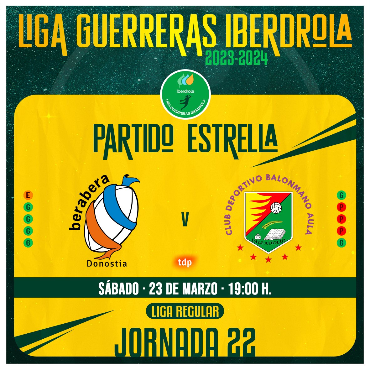 🔝 ¡Se viene una Jornada 2⃣2⃣ de 𝐢𝐧𝐟𝐚𝐫𝐭𝐨 en la #LigaGuerrerasIberdrola! ⚔️ Horario unificado en todos los partidos 🌟 @BalonmaBeraBera y @BmAulaCultural se enfrentan en el #PartidoEstrella 🗓️ Sábado 23 de marzo ⏰ 19:00 h 📺 @teledeporte #SheLovesHandball #Balonmano